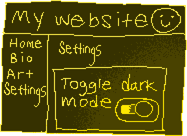 Crude pixel drawing of a website on a dark green background with light yellow text, with a header, side nav, and a main section titled 'Settings' where there is a switch labeled 'toggle dark mode' currently switched to 'on'